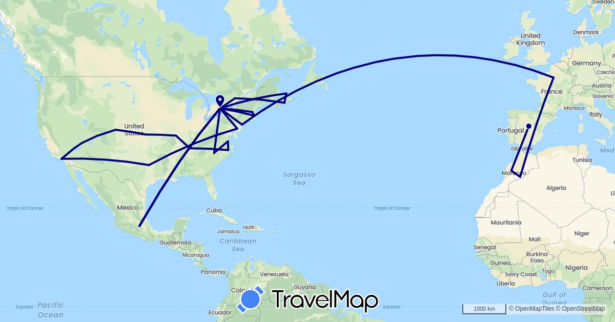 TravelMap itinerary: driving in Canada, Spain, France, Morocco, Mexico, United States (Africa, Europe, North America)