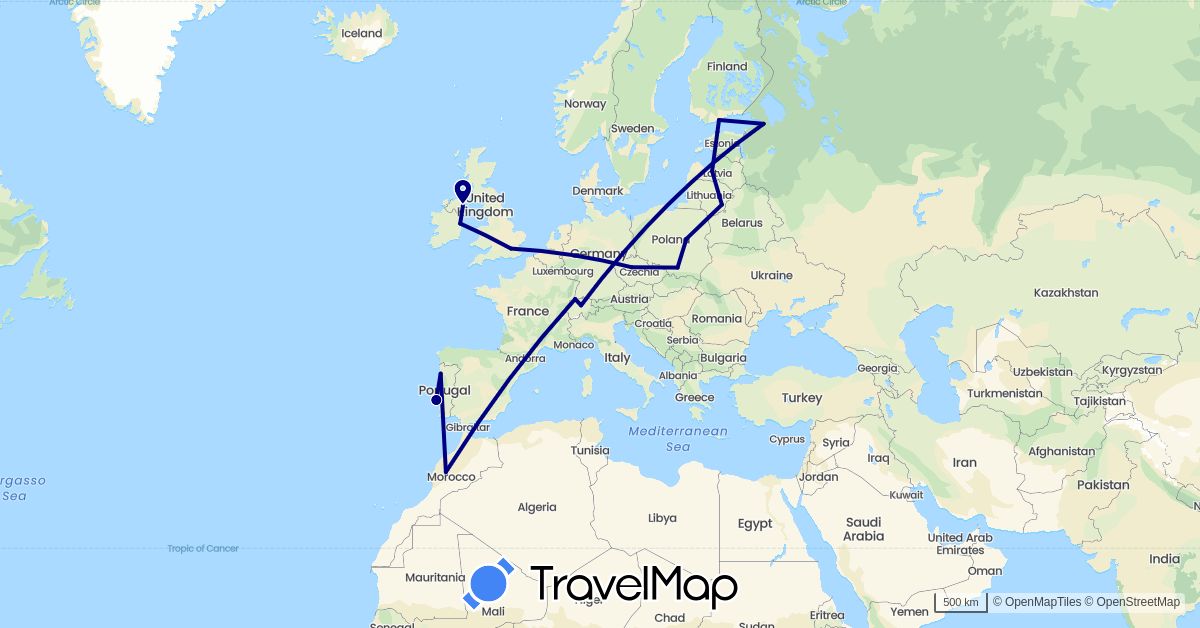 TravelMap itinerary: driving in Switzerland, Czech Republic, Estonia, Finland, United Kingdom, Ireland, Lithuania, Latvia, Morocco, Poland, Portugal, Russia (Africa, Europe)